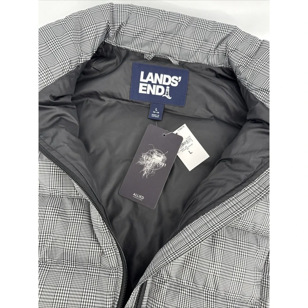 Lands End Vest Women L Down‎ Puffer 600 Fill Water Resistant Black Check Outdoor